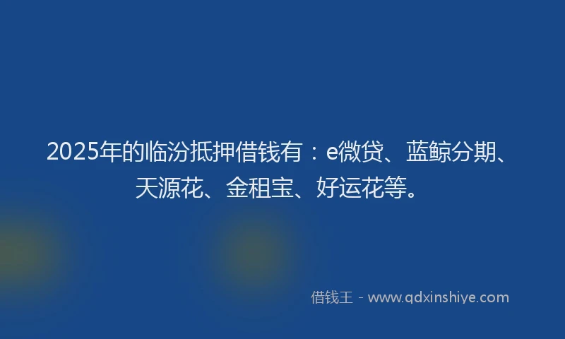 2025年的临汾抵押借钱有：e微贷、蓝鲸分期、天源花、金租宝、好运花等。