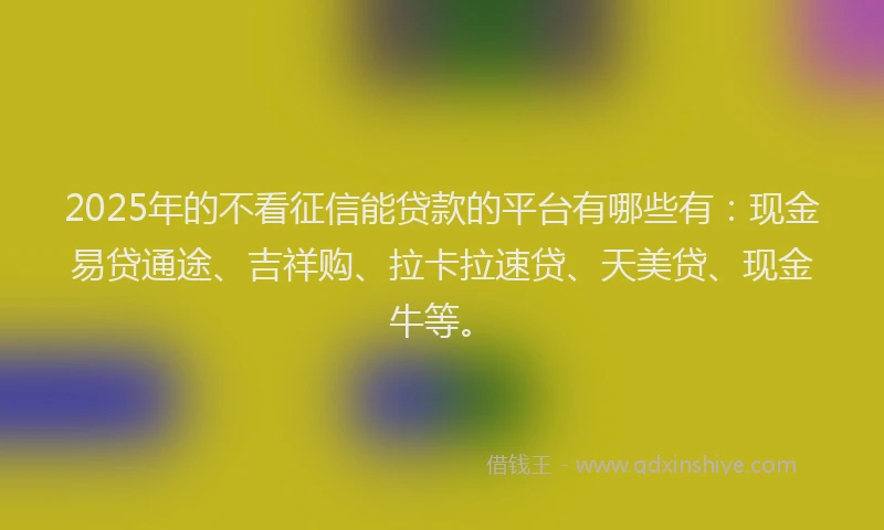 2025年的不看征信能贷款的平台有哪些有：现金易贷通途、吉祥购、拉卡拉速贷、天美贷、现金牛等。