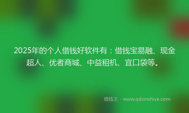 2025年的个人借钱好软件有：借钱宝易融、现金超人、优者商城、中益租机、宜口袋等。