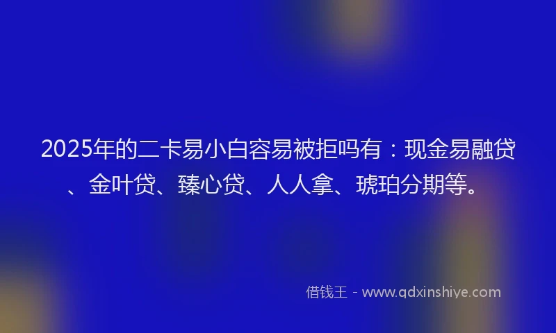 2025年的二卡易小白容易被拒吗有：现金易融贷、金叶贷、臻心贷、人人拿、琥珀分期等。