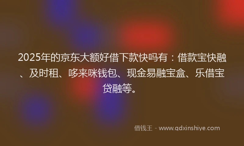 2025年的京东大额好借下款快吗有：借款宝快融、及时租、哆来咪钱包、现金易融宝盒、乐借宝贷融等。