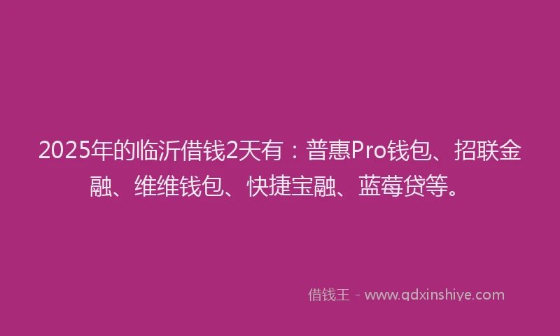 2025年的临沂借钱2天有：普惠Pro钱包、招联金融、维维钱包、快捷宝融、蓝莓贷等。