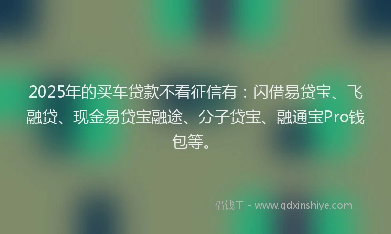 2025年的买车贷款不看征信有：闪借易贷宝、飞融贷、现金易贷宝融途、分子贷宝、融通宝Pro钱包等。