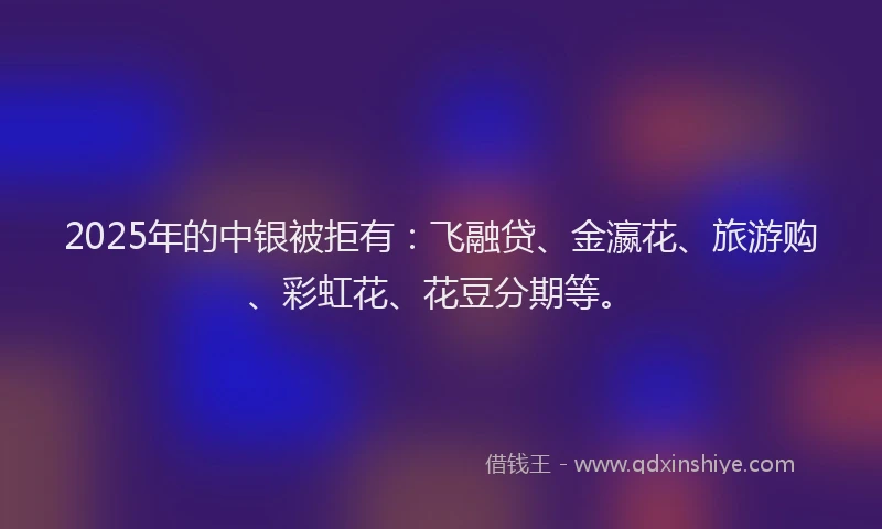 2025年的中银被拒有：飞融贷、金瀛花、旅游购、彩虹花、花豆分期等。