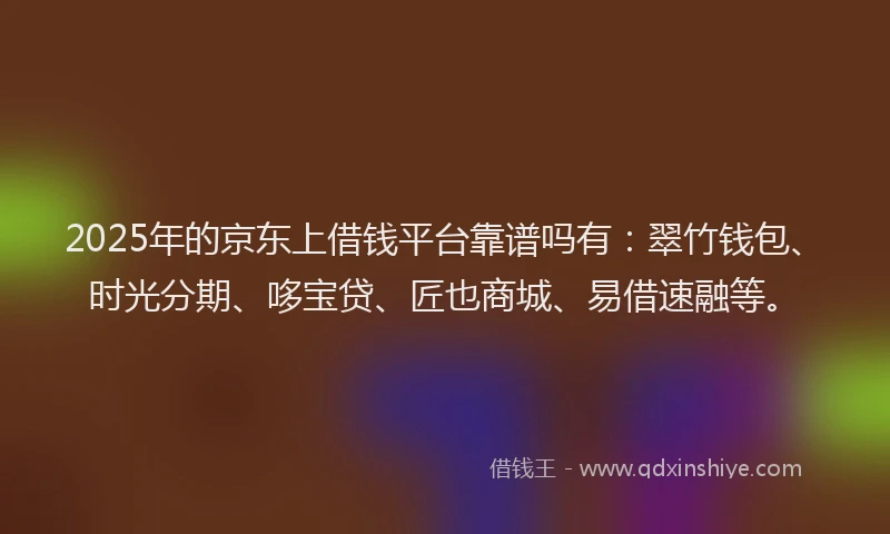 2025年的京东上借钱平台靠谱吗有：翠竹钱包、时光分期、哆宝贷、匠也商城、易借速融等。