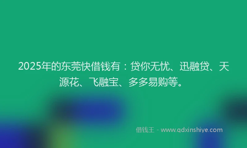 2025年的东莞快借钱有：贷你无忧、迅融贷、天源花、飞融宝、多多易购等。