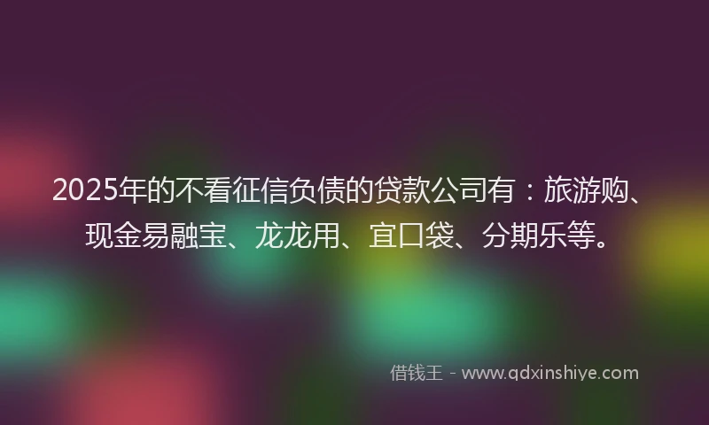 2025年的不看征信负债的贷款公司有：旅游购、现金易融宝、龙龙用、宜口袋、分期乐等。