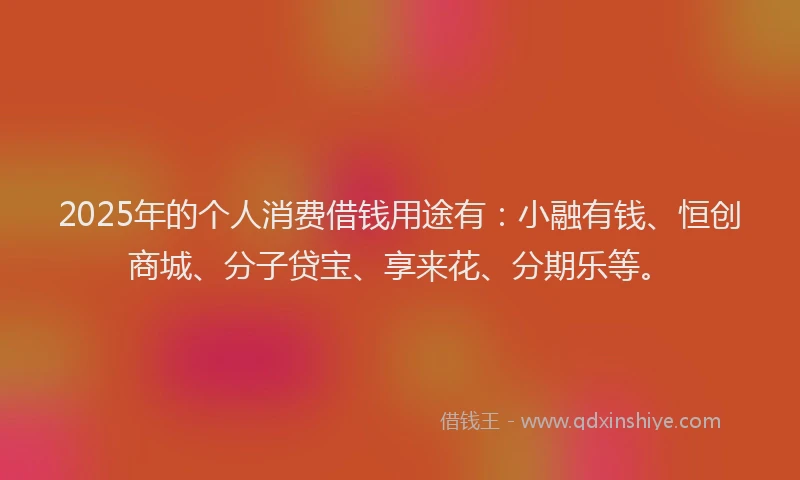 2025年的个人消费借钱用途有：小融有钱、恒创商城、分子贷宝、享来花、分期乐等。