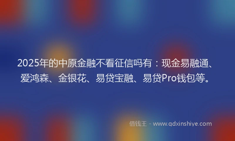 2025年的中原金融不看征信吗有：现金易融通、爱鸿森、金银花、易贷宝融、易贷Pro钱包等。