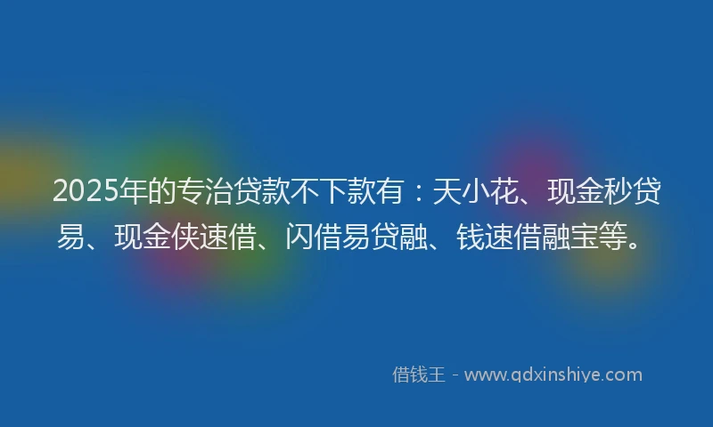 2025年的专治贷款不下款有：天小花、现金秒贷易、现金侠速借、闪借易贷融、钱速借融宝等。