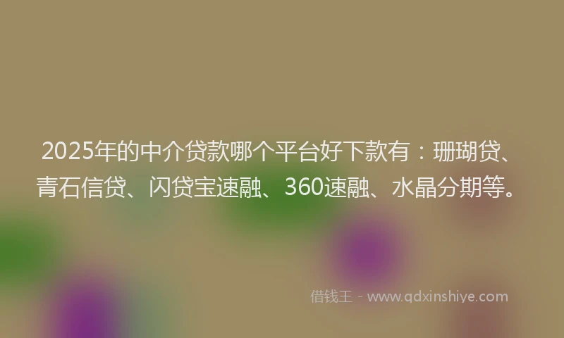2025年的中介贷款哪个平台好下款有：珊瑚贷、青石信贷、闪贷宝速融、360速融、水晶分期等。