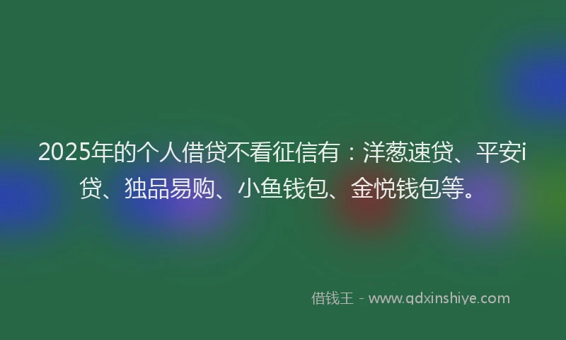 2025年的个人借贷不看征信有：洋葱速贷、平安i贷、独品易购、小鱼钱包、金悦钱包等。