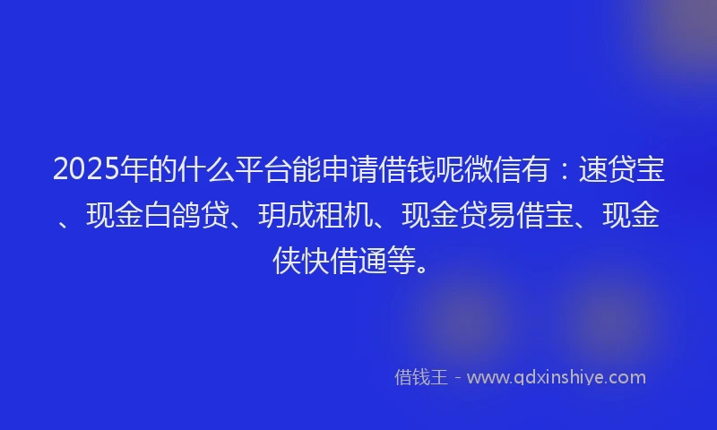 2025年的什么平台能申请借钱呢微信有：速贷宝、现金白鸽贷、玥成租机、现金贷易借宝、现金侠快借通等。