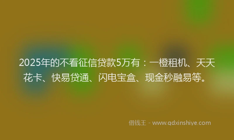 2025年的不看征信贷款5万有：一橙租机、天天花卡、快易贷通、闪电宝盒、现金秒融易等。