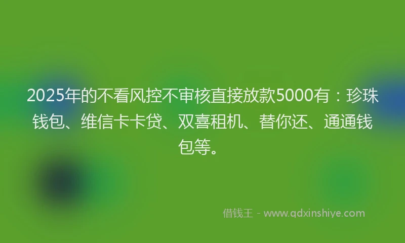 2025年的不看风控不审核直接放款5000有：珍珠钱包、维信卡卡贷、双喜租机、替你还、通通钱包等。