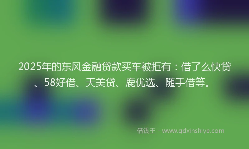 2025年的东风金融贷款买车被拒有：借了么快贷、58好借、天美贷、鹿优选、随手借等。