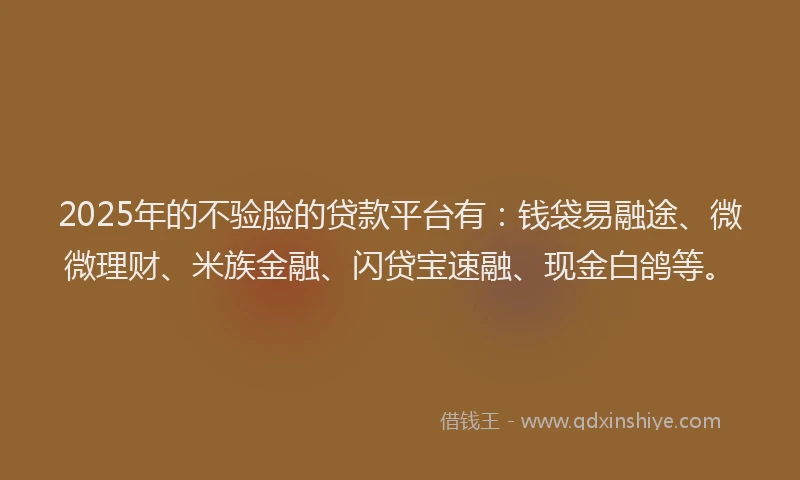2025年的不验脸的贷款平台有：钱袋易融途、微微理财、米族金融、闪贷宝速融、现金白鸽等。