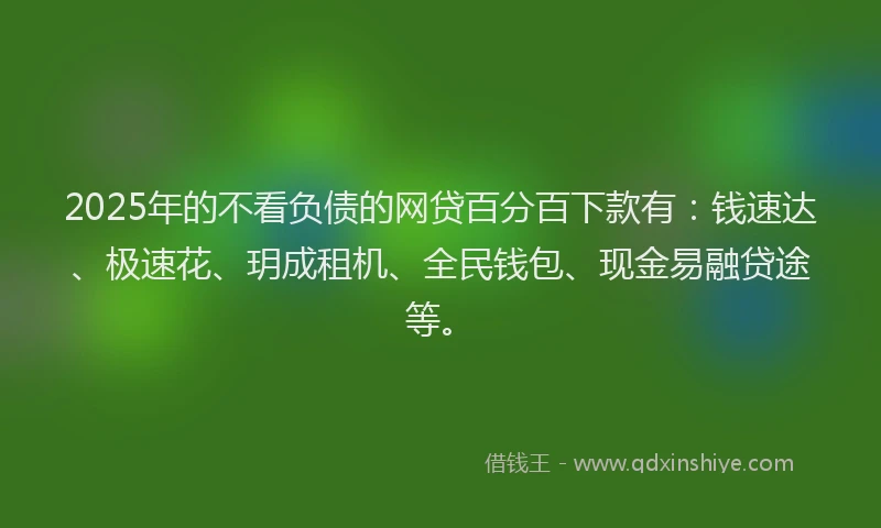 2025年的不看负债的网贷百分百下款有：钱速达、极速花、玥成租机、全民钱包、现金易融贷途等。