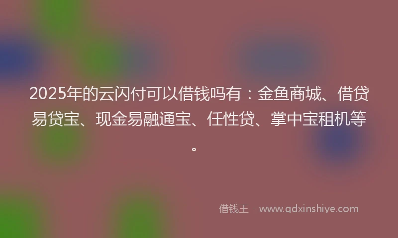 2025年的云闪付可以借钱吗有：金鱼商城、借贷易贷宝、现金易融通宝、任性贷、掌中宝租机等。