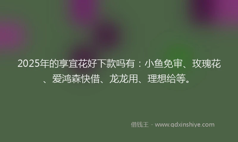 2025年的享宜花好下款吗有：小鱼免审、玫瑰花、爱鸿森快借、龙龙用、理想给等。