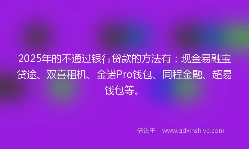 2025年的不通过银行贷款的方法有：现金易融宝贷途、双喜租机、金诺Pro钱包、同程金融、超易钱包等。