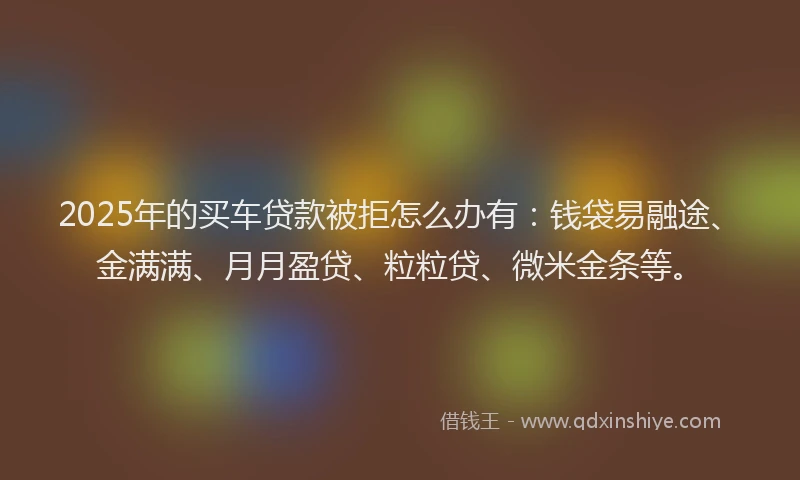 2025年的买车贷款被拒怎么办有：钱袋易融途、金满满、月月盈贷、粒粒贷、微米金条等。