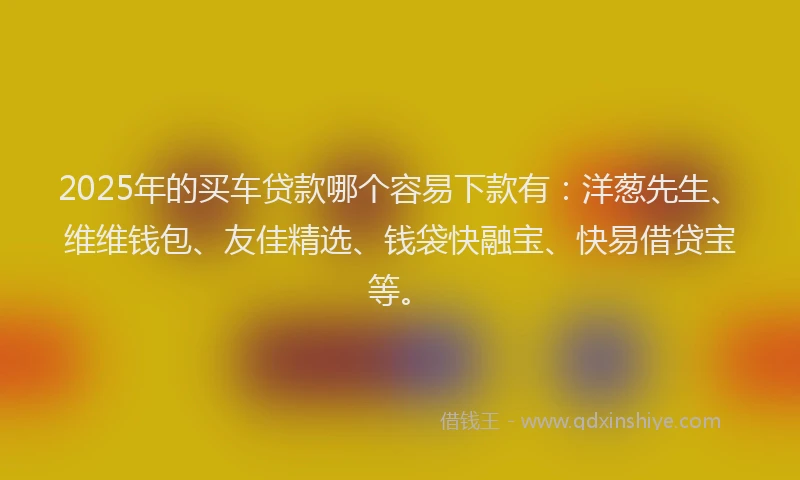 2025年的买车贷款哪个容易下款有：洋葱先生、维维钱包、友佳精选、钱袋快融宝、快易借贷宝等。