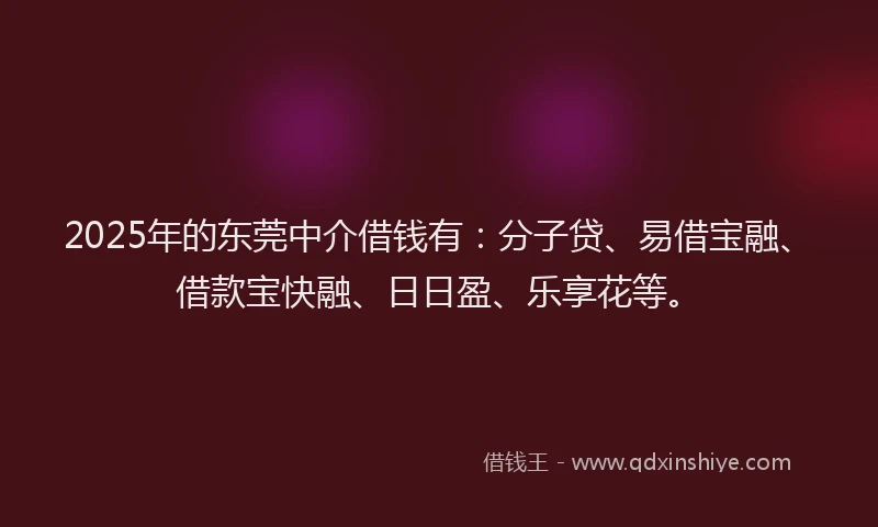 2025年的东莞中介借钱有：分子贷、易借宝融、借款宝快融、日日盈、乐享花等。