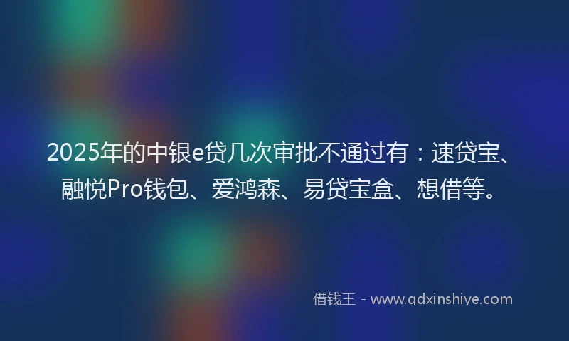 2025年的中银e贷几次审批不通过有：速贷宝、融悦Pro钱包、爱鸿森、易贷宝盒、想借等。