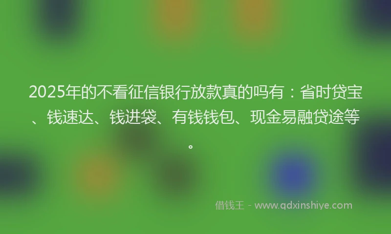 2025年的不看征信银行放款真的吗有：省时贷宝、钱速达、钱进袋、有钱钱包、现金易融贷途等。