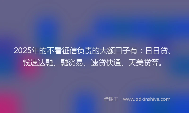 2025年的不看征信负责的大额口子有：日日贷、钱速达融、融资易、速贷侠通、天美贷等。