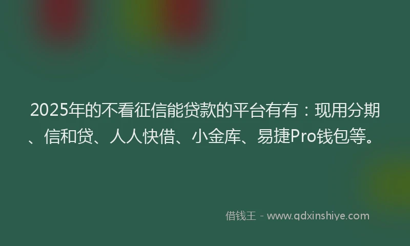 2025年的不看征信能贷款的平台有有：现用分期、信和贷、人人快借、小金库、易捷Pro钱包等。