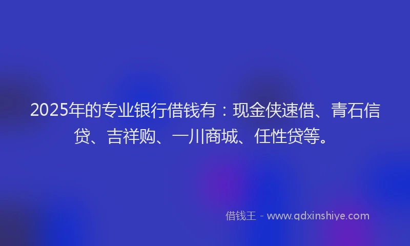 2025年的专业银行借钱有：现金侠速借、青石信贷、吉祥购、一川商城、任性贷等。