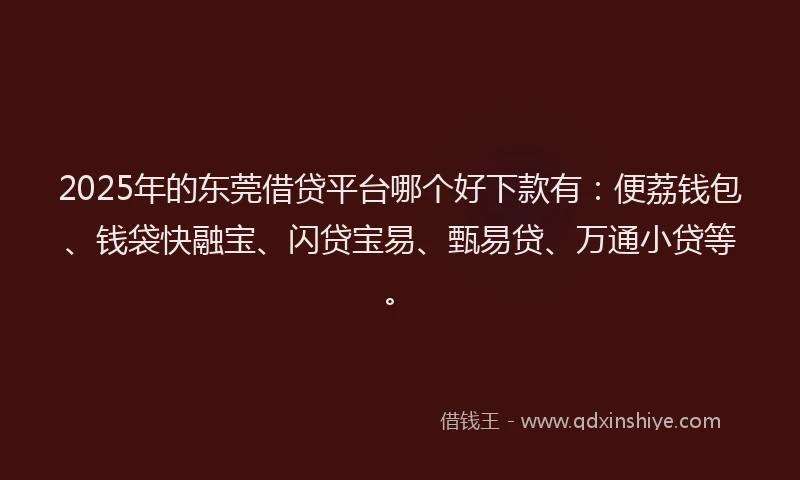 2025年的东莞借贷平台哪个好下款有：便荔钱包、钱袋快融宝、闪贷宝易、甄易贷、万通小贷等。