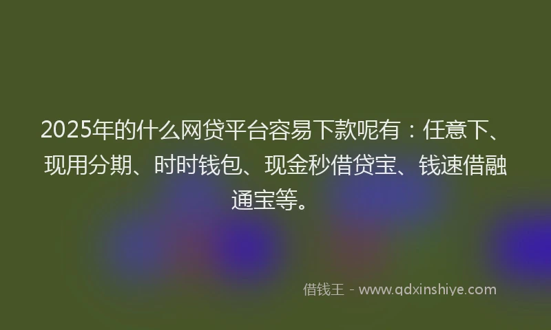 2025年的什么网贷平台容易下款呢有：任意下、现用分期、时时钱包、现金秒借贷宝、钱速借融通宝等。