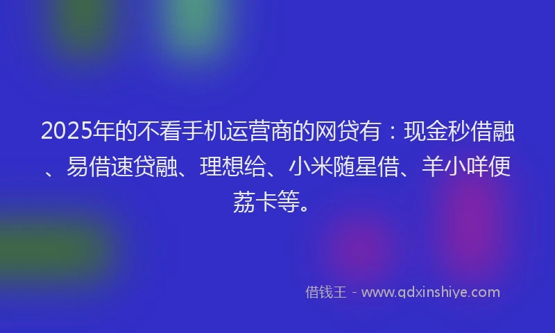 2025年的不看手机运营商的网贷有：现金秒借融、易借速贷融、理想给、小米随星借、羊小咩便荔卡等。