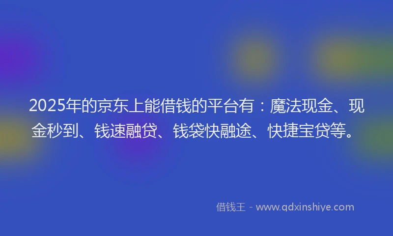 2025年的京东上能借钱的平台有：魔法现金、现金秒到、钱速融贷、钱袋快融途、快捷宝贷等。