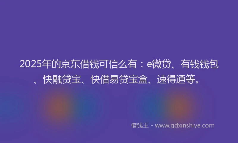 2025年的京东借钱可信么有：e微贷、有钱钱包、快融贷宝、快借易贷宝盒、速得通等。