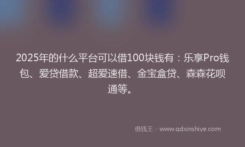 2025年的什么平台可以借100块钱有：乐享Pro钱包、爱贷借款、超爱速借、金宝盒贷、森森花呗通等。