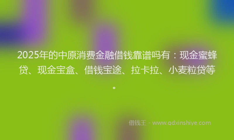 2025年的中原消费金融借钱靠谱吗有：现金蜜蜂贷、现金宝盒、借钱宝途、拉卡拉、小麦粒贷等。