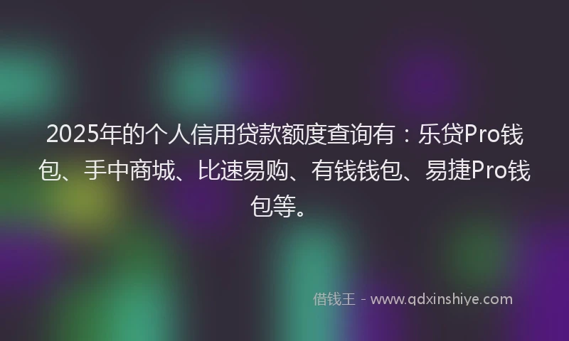 2025年的个人信用贷款额度查询有：乐贷Pro钱包、手中商城、比速易购、有钱钱包、易捷Pro钱包等。