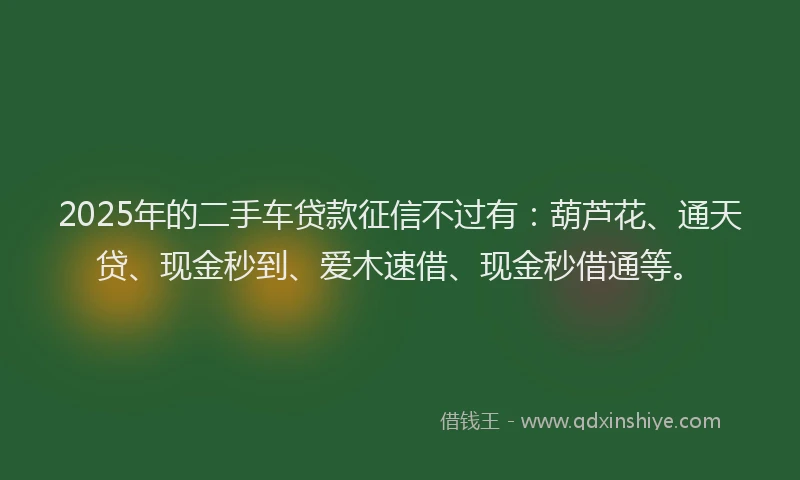 2025年的二手车贷款征信不过有：葫芦花、通天贷、现金秒到、爱木速借、现金秒借通等。