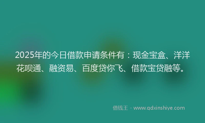 2025年的今日借款申请条件有：现金宝盒、洋洋花呗通、融资易、百度贷你飞、借款宝贷融等。