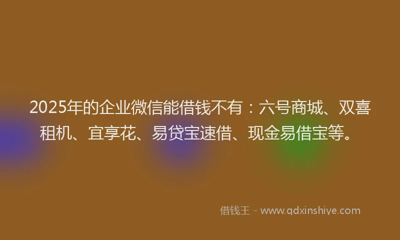 2025年的企业微信能借钱不有：六号商城、双喜租机、宜享花、易贷宝速借、现金易借宝等。