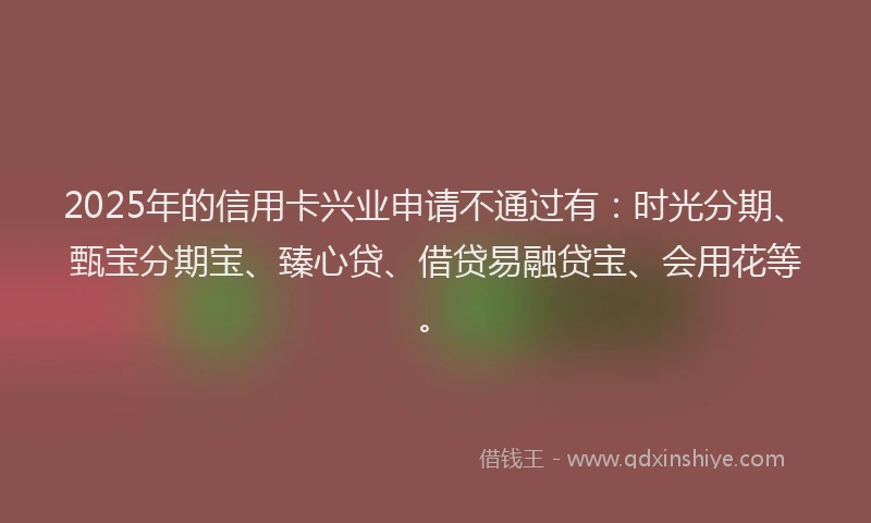 2025年的信用卡兴业申请不通过有：时光分期、甄宝分期宝、臻心贷、借贷易融贷宝、会用花等。