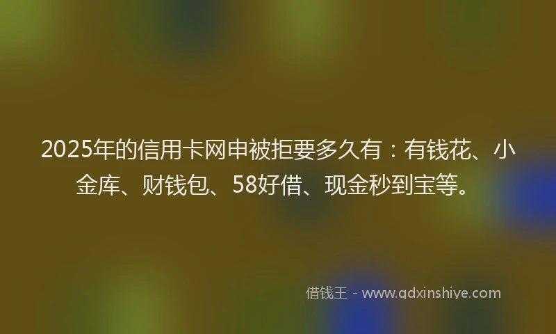 2025年的信用卡网申被拒要多久有：有钱花、小金库、财钱包、58好借、现金秒到宝等。