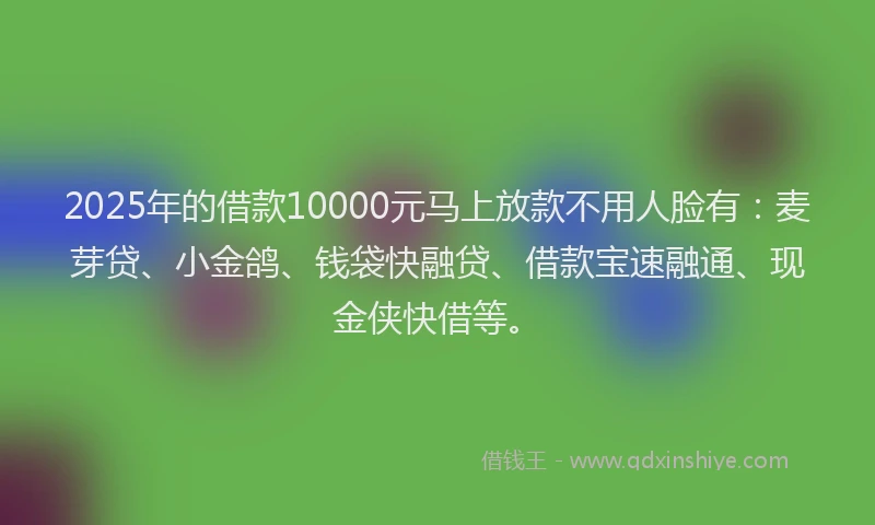 2025年的借款10000元马上放款不用人脸有：麦芽贷、小金鸽、钱袋快融贷、借款宝速融通、现金侠快借等。