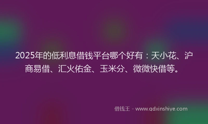 2025年的低利息借钱平台哪个好有：天小花、沪商易借、汇火佑金、玉米分、微微快借等。