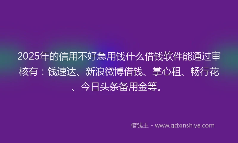 2025年的信用不好急用钱什么借钱软件能通过审核有：钱速达、新浪微博借钱、掌心租、畅行花、今日头条备用金等。