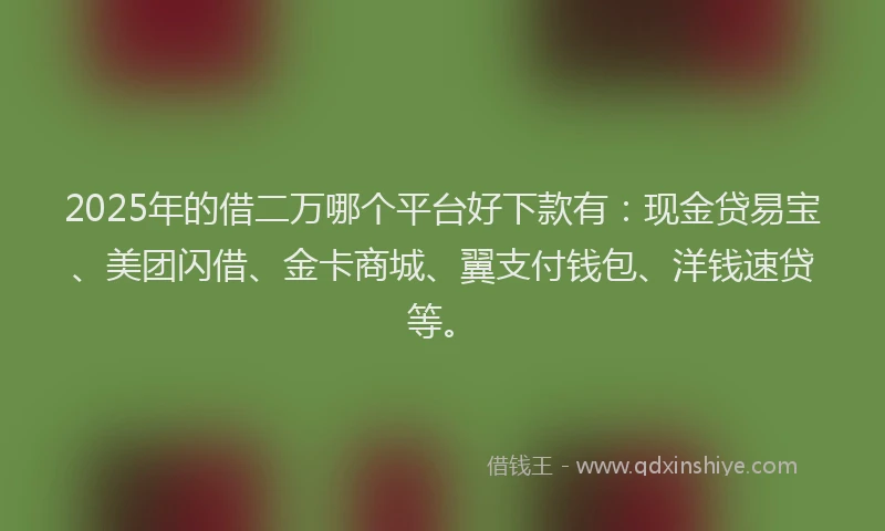 2025年的借二万哪个平台好下款有：现金贷易宝、美团闪借、金卡商城、翼支付钱包、洋钱速贷等。